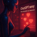 Futuristische KI-Figur vor leuchtendem Bildschirm mit Herzsymbolen – Symbolbild für ChatGPT Porno und den neuen Trend zu KI Erotik von OpenAI.